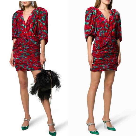 MAGDA BUTRYM Mundo Ruched Floral Velvet Mini Dress Red Multi Size US 6 - Picture 10 of 15